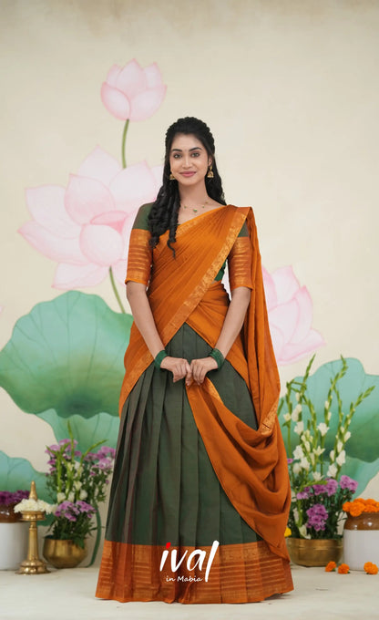 Padmaja Cotton Half Saree Dark green and Mustard Half Sarees