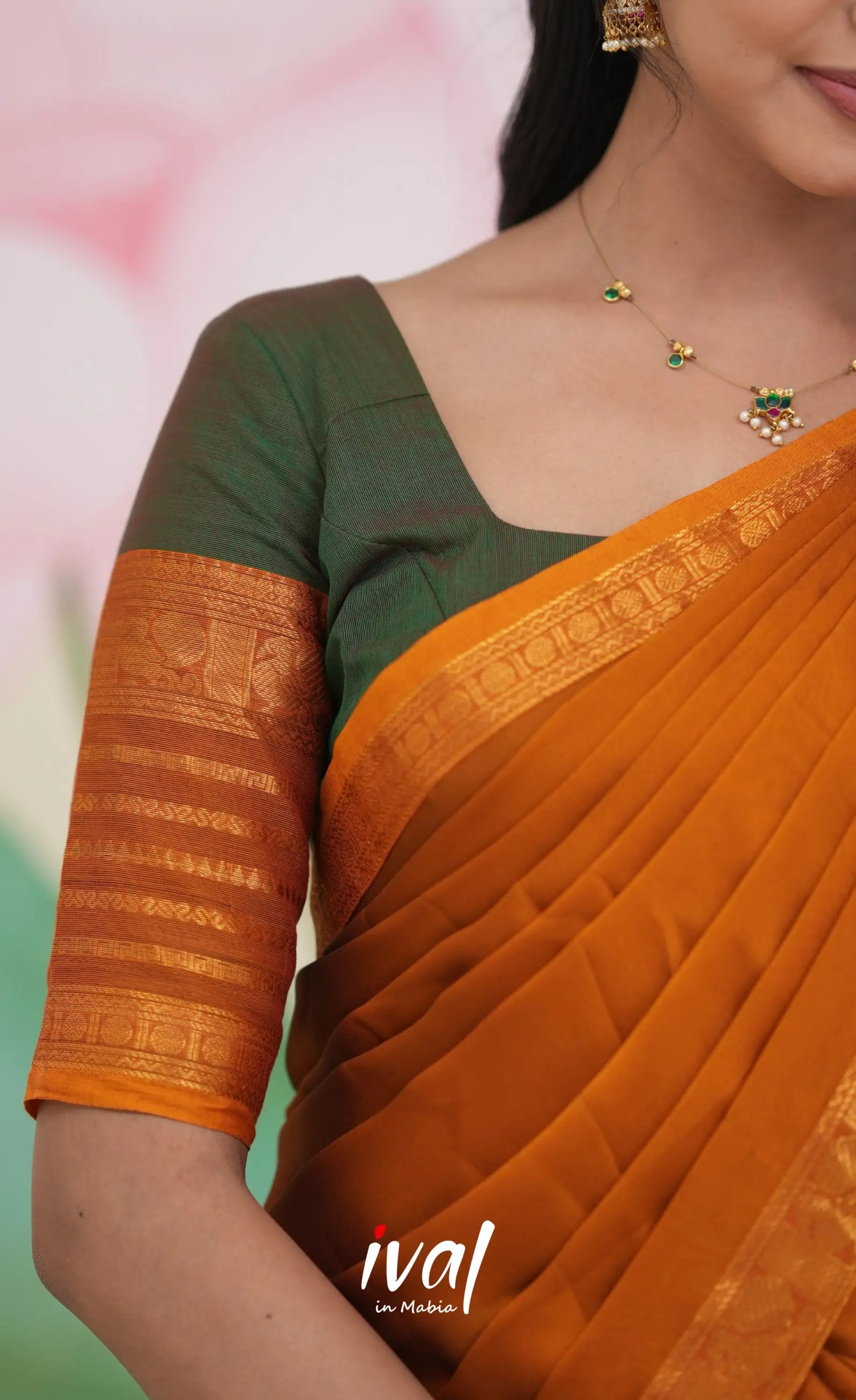Padmaja Cotton Half Saree Dark green and Mustard Half Sarees