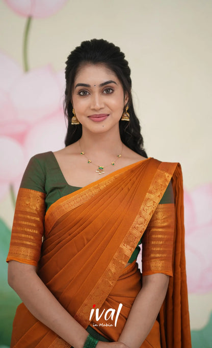 Padmaja Cotton Half Saree Dark green and Mustard Half Sarees