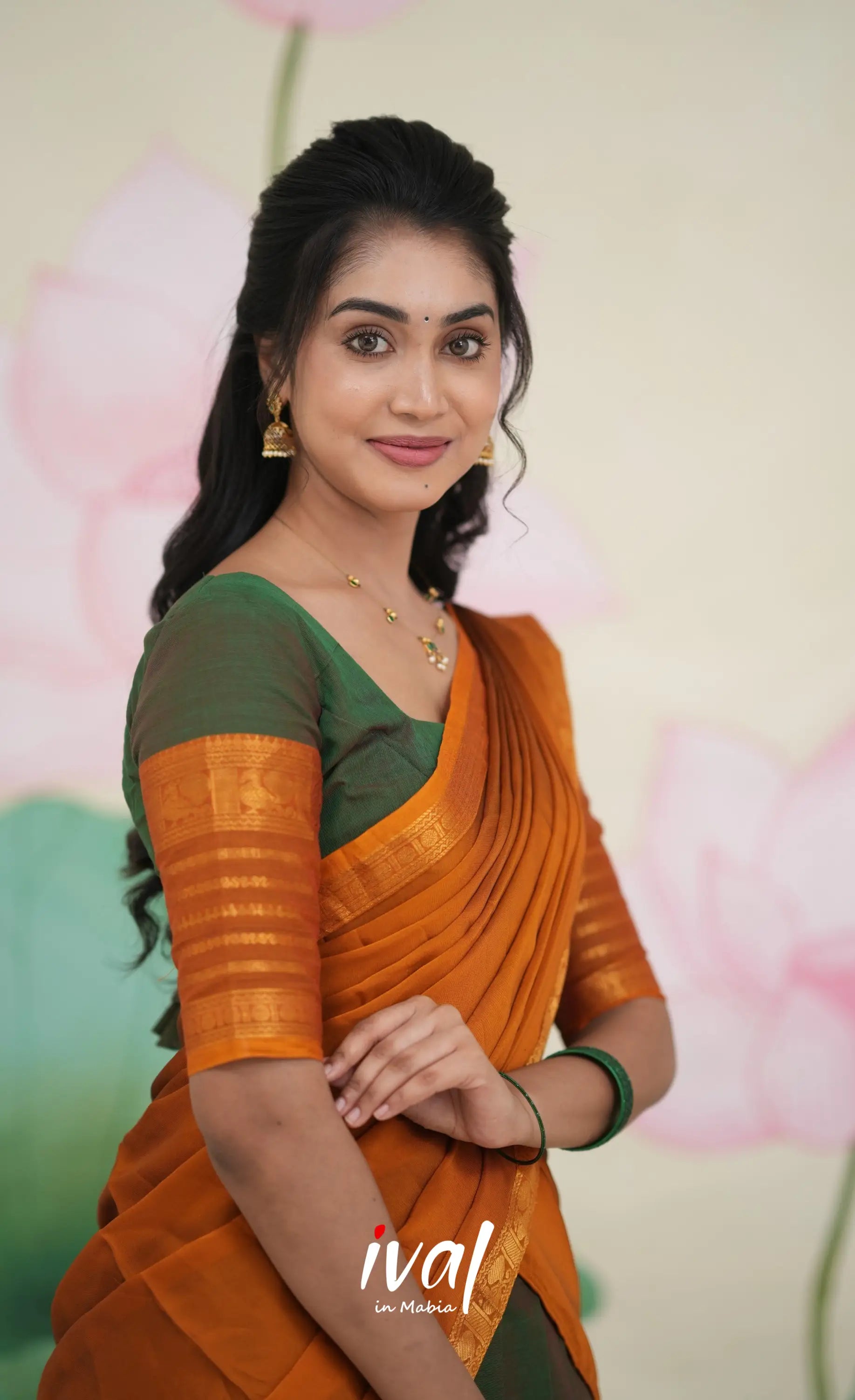 Padmaja Cotton Half Saree Dark green and Mustard Half Sarees