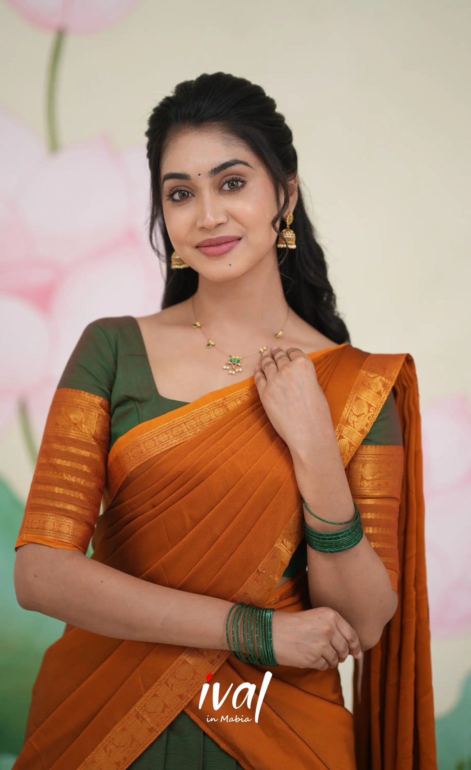 Padmaja Cotton Half Saree Dark green and Mustard Half Sarees