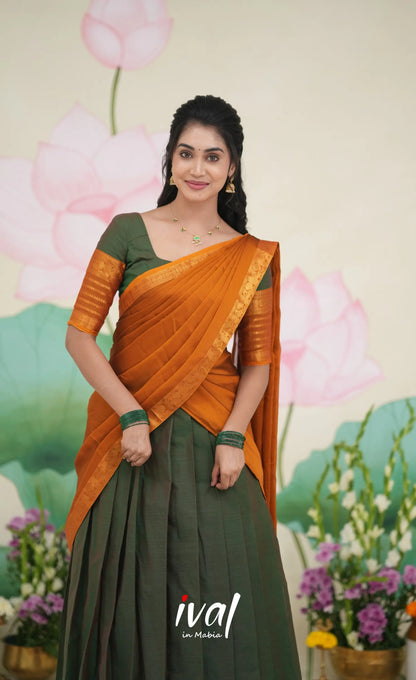 Padmaja Cotton Half Saree Dark green and Mustard Half Sarees