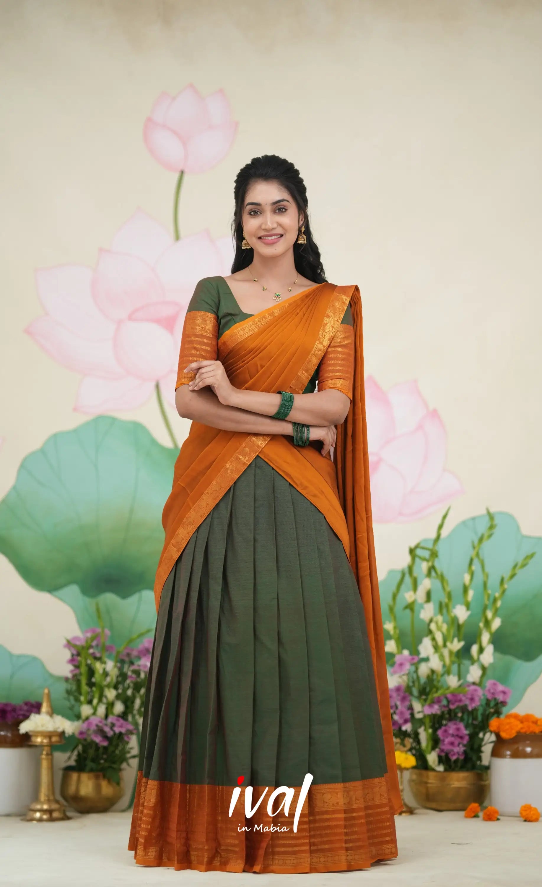 Padmaja Cotton Half Saree Dark green and Mustard Half Sarees
