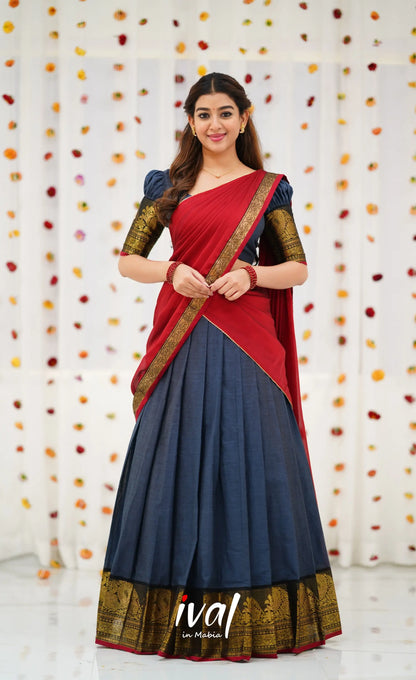 Padmaja Cotton Half Saree - Dark Grey and Maroon Half Sarees