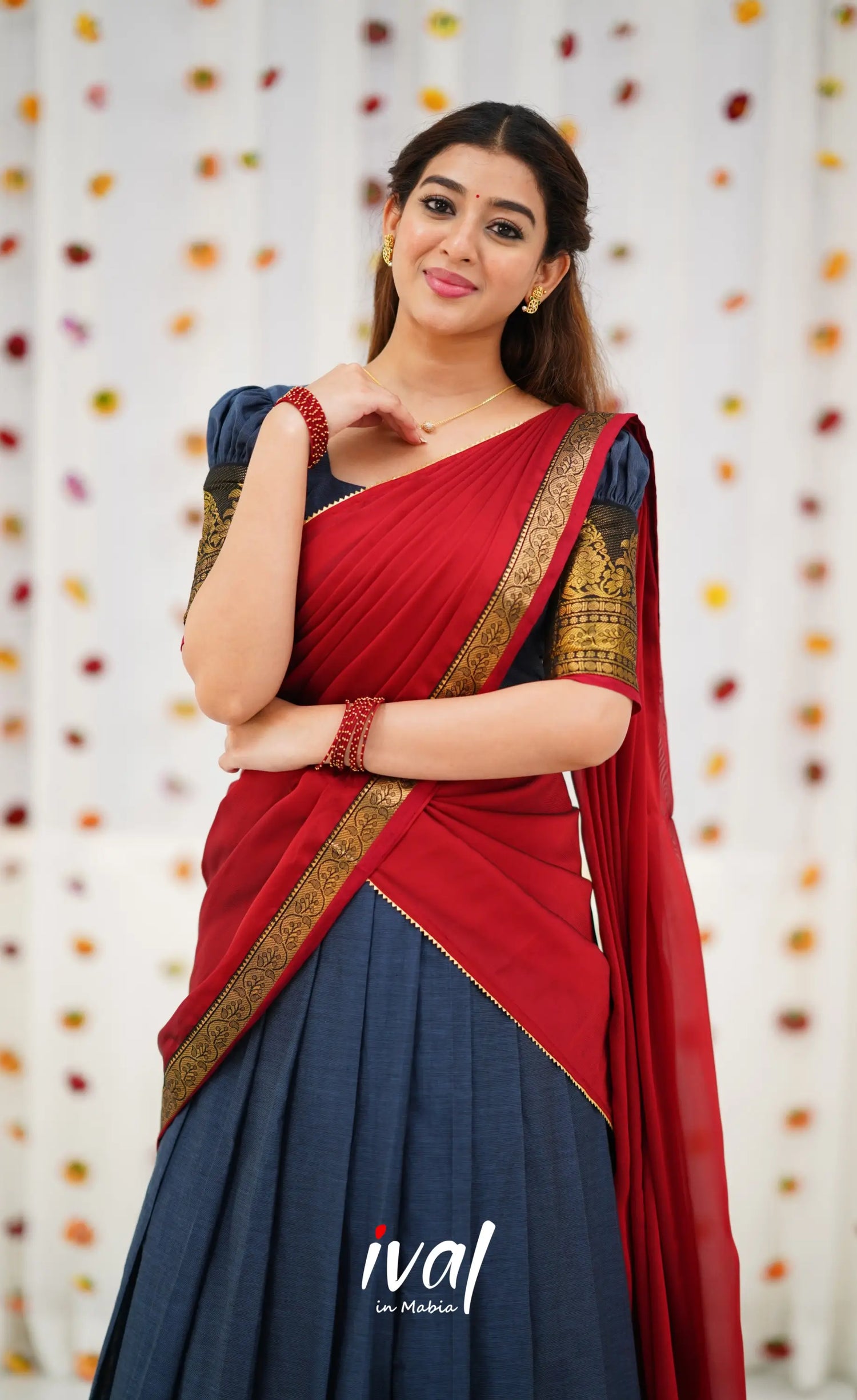 Padmaja Cotton Half Saree - Dark Grey and Maroon Half Sarees