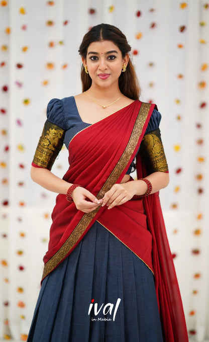 Padmaja Cotton Half Saree - Dark Grey and Maroon Half Sarees
