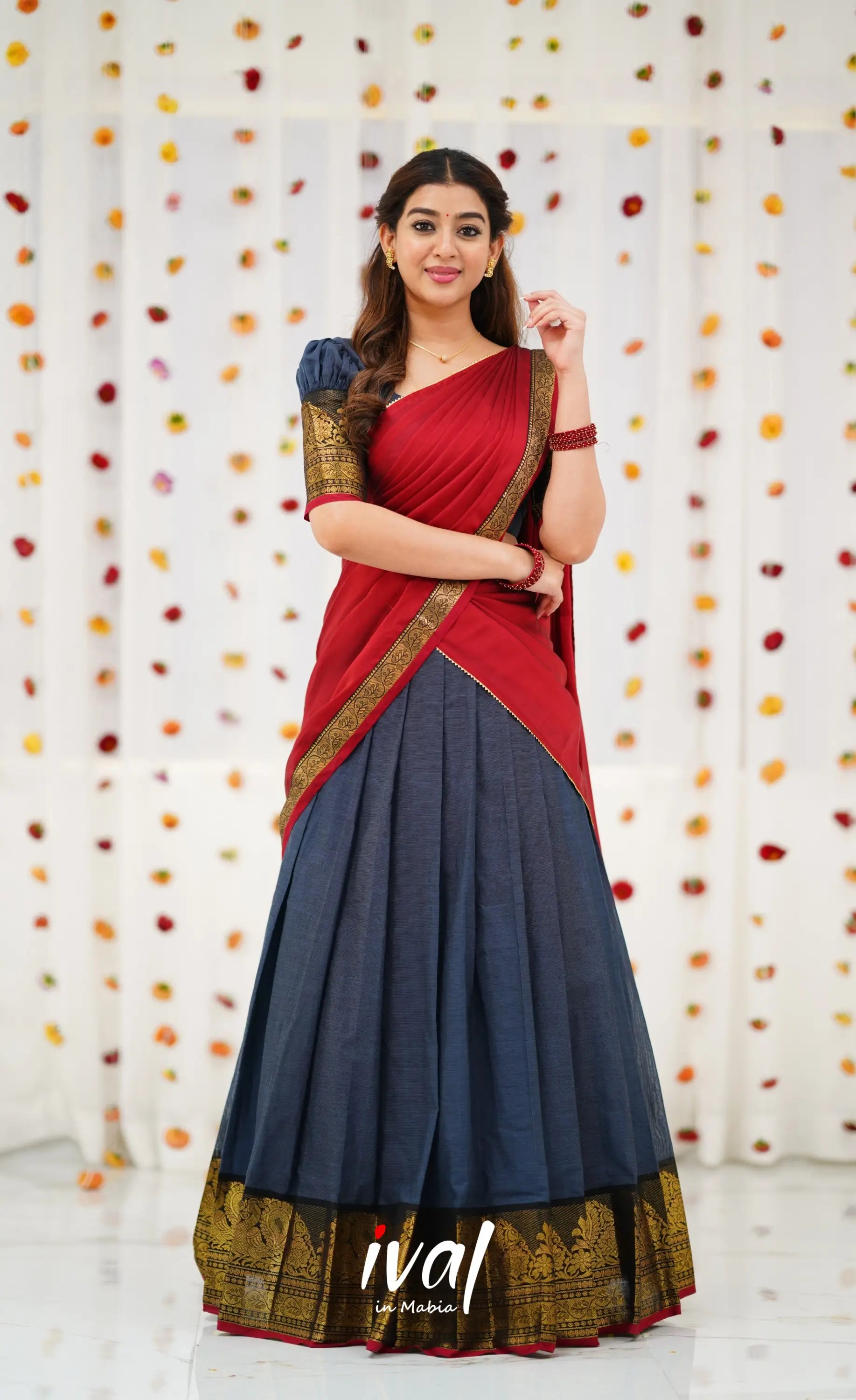 Padmaja Cotton Half Saree - Dark Grey and Maroon Half Sarees