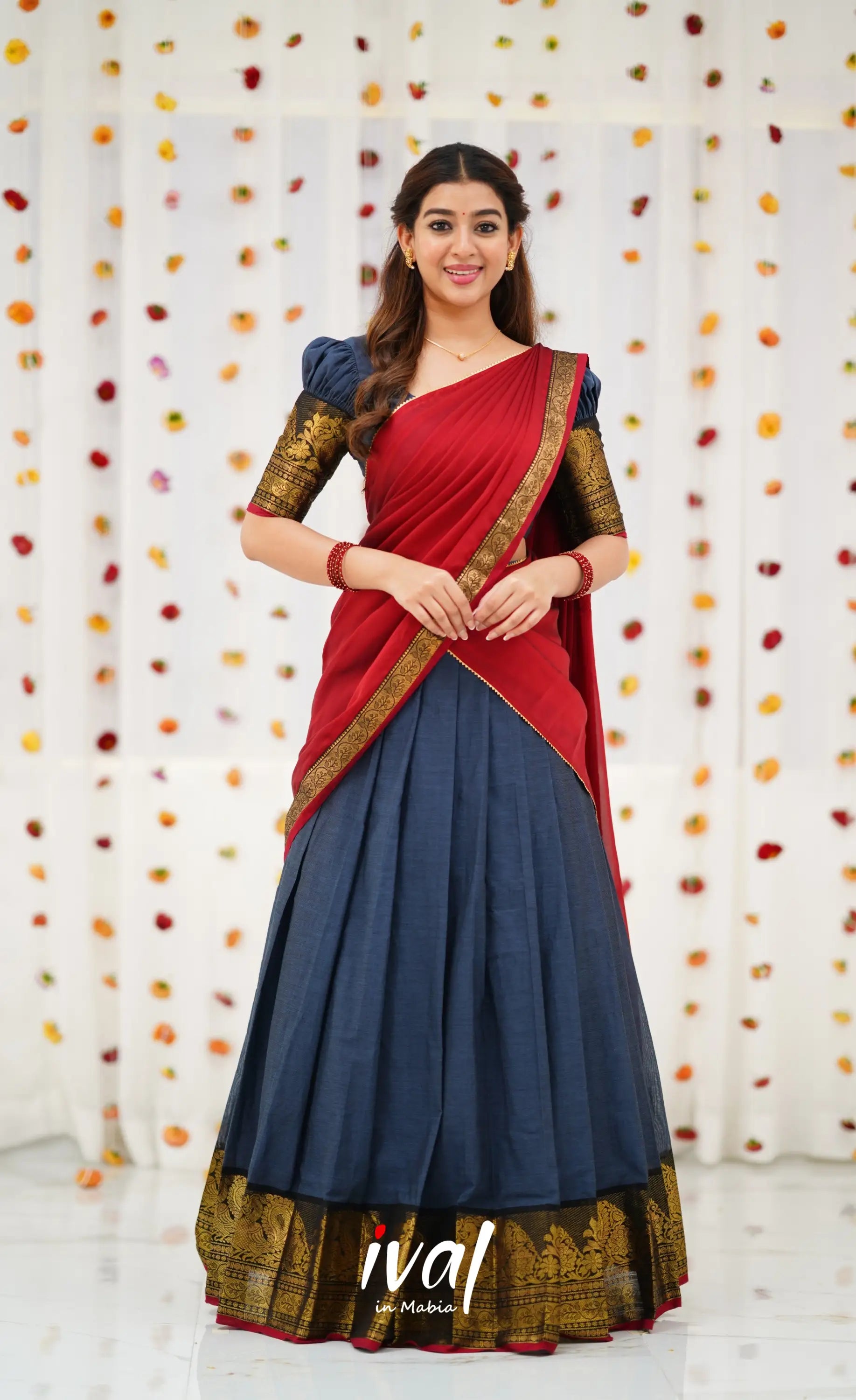 Padmaja Cotton Half Saree - Dark Grey and Maroon Half Sarees