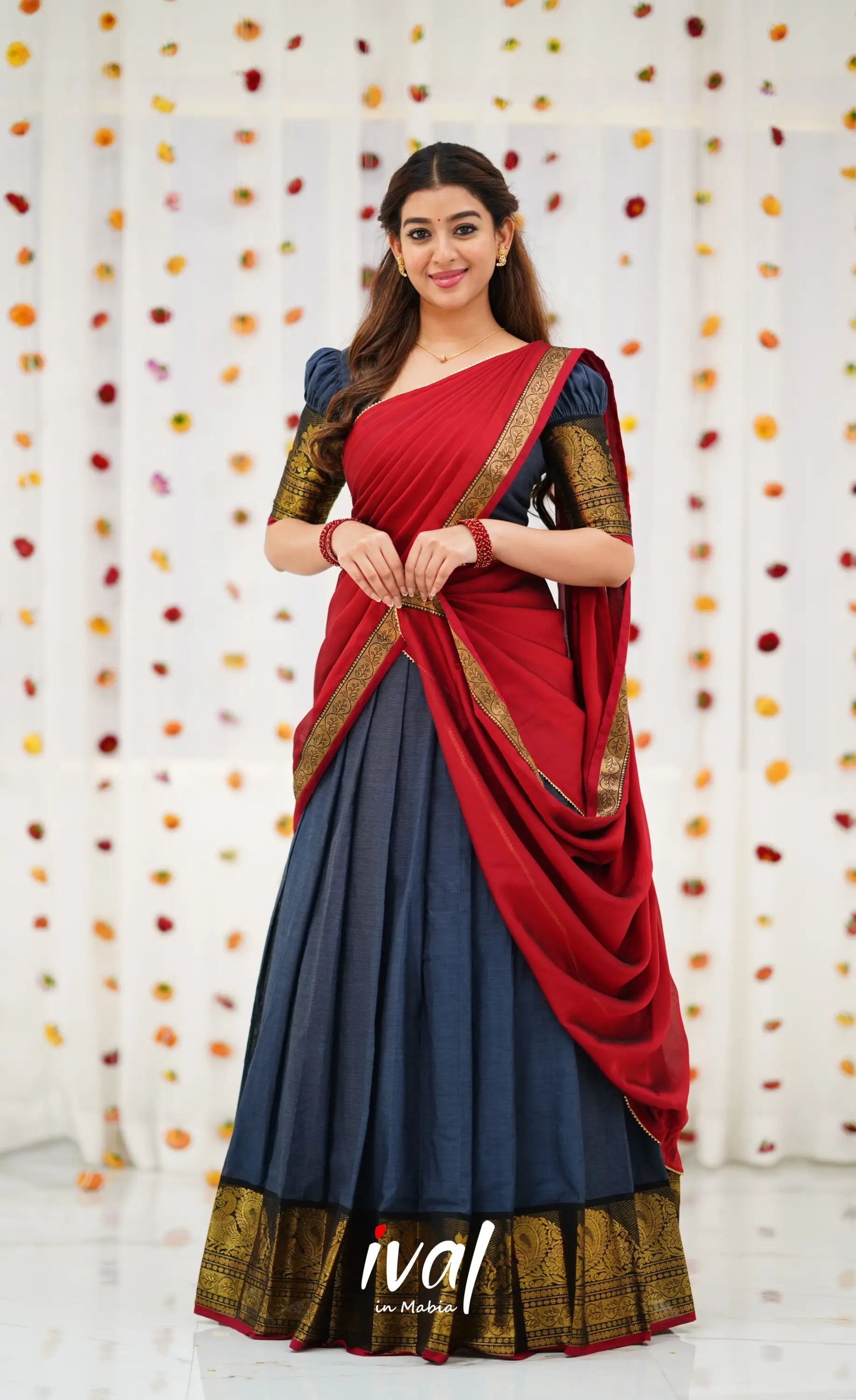 Padmaja Cotton Half Saree - Dark Grey and Maroon Half Sarees