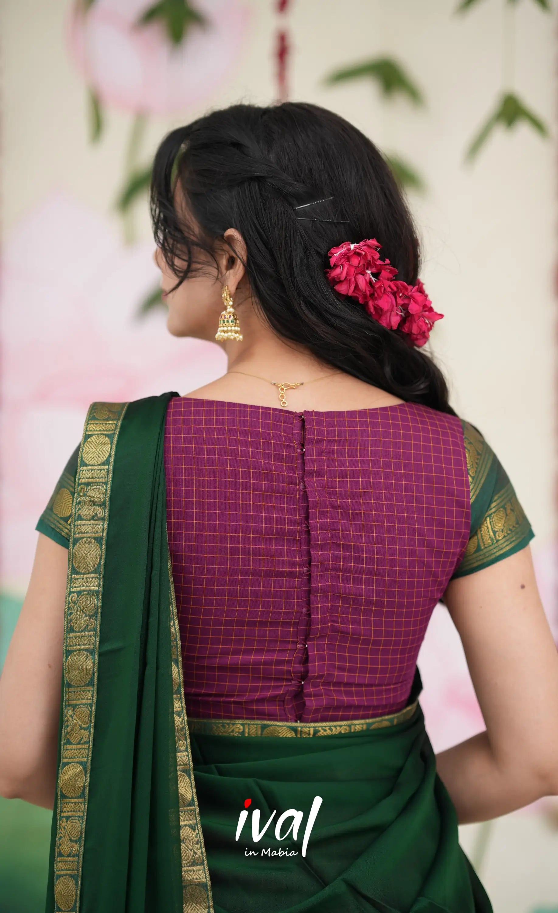 Padmaja Cotton Half Saree - Dark Magenta and Bottle Green Half Sarees