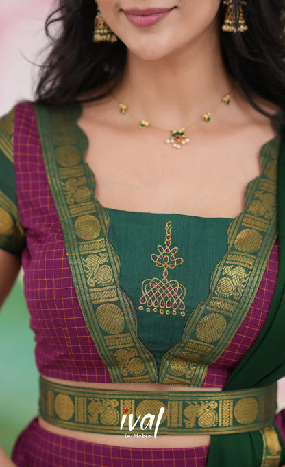 Padmaja Cotton Half Saree - Dark Magenta and Bottle Green Half Sarees