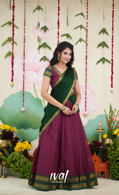Padmaja Cotton Half Saree - Dark Magenta and Bottle Green Half Sarees