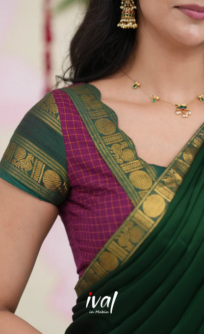 Padmaja Cotton Half Saree - Dark Magenta and Bottle Green Half Sarees