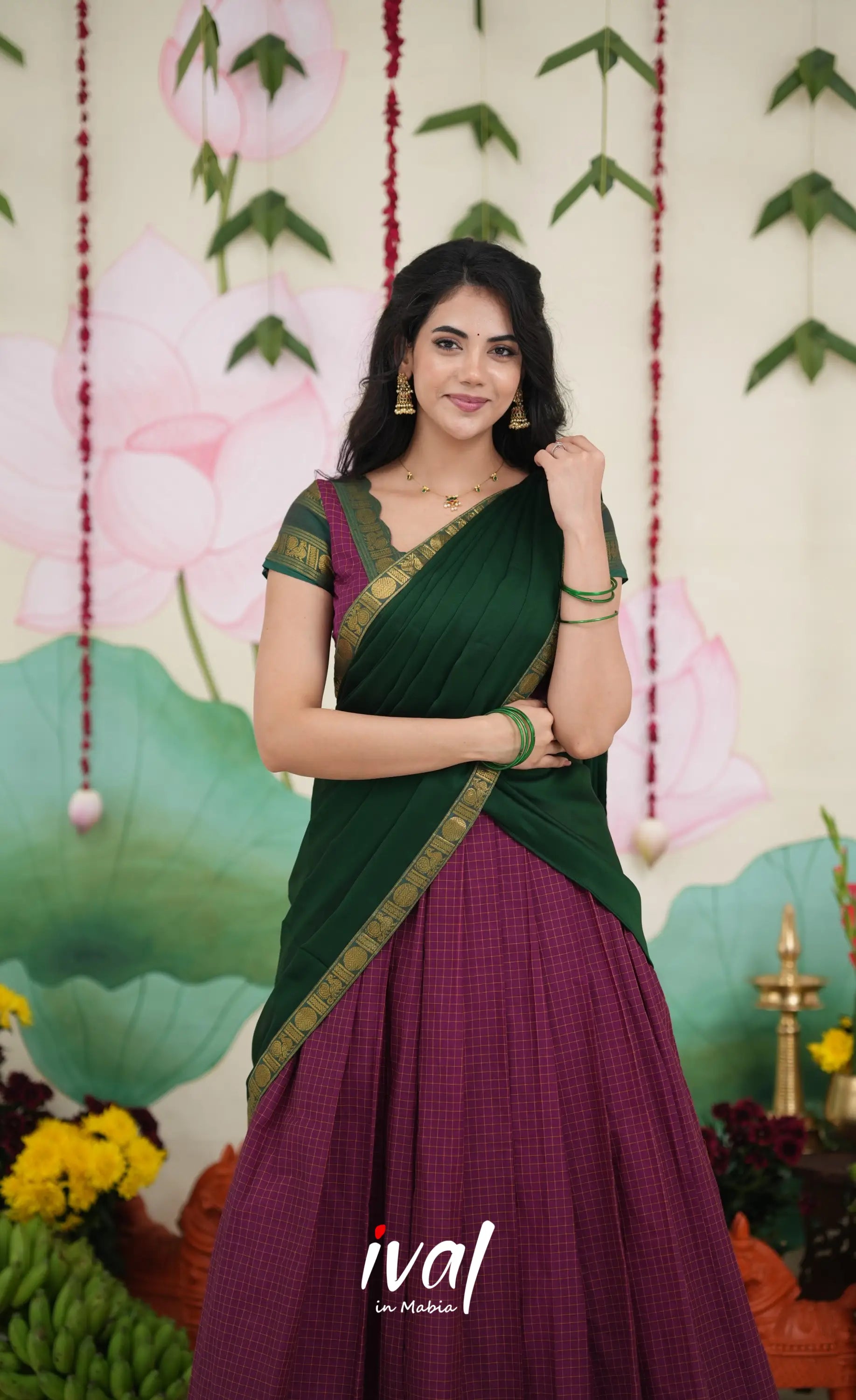 Padmaja Cotton Half Saree - Dark Magenta and Bottle Green Half Sarees