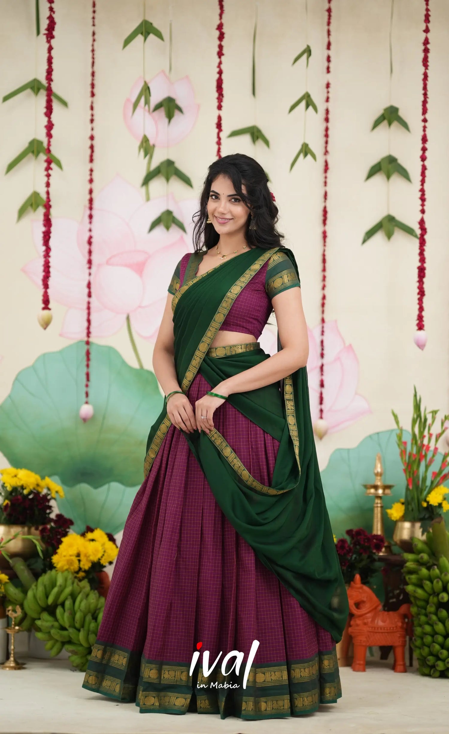 Padmaja Cotton Half Saree - Dark Magenta and Bottle Green Half Sarees
