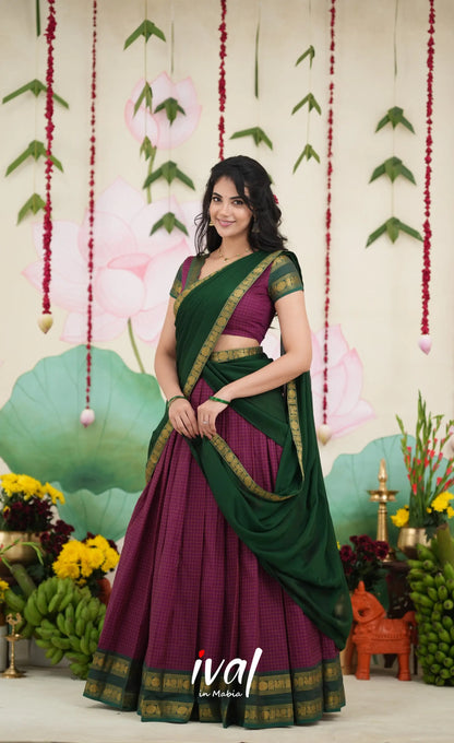 Padmaja Cotton Half Saree - Dark Magenta and Bottle Green Half Sarees