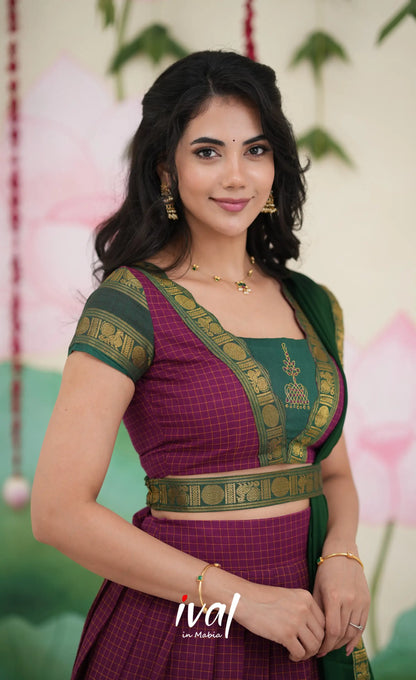 Padmaja Cotton Half Saree - Dark Magenta and Bottle Green Half Sarees