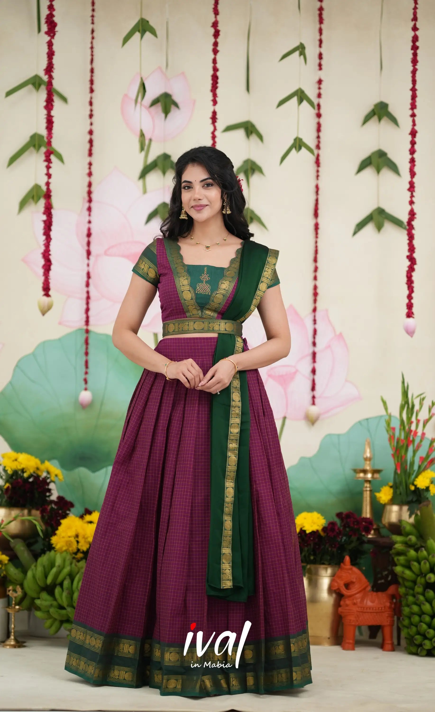 Padmaja Cotton Half Saree - Dark Magenta and Bottle Green Half Sarees