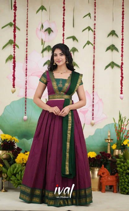 Padmaja Cotton Half Saree - Dark Magenta and Bottle Green Half Sarees