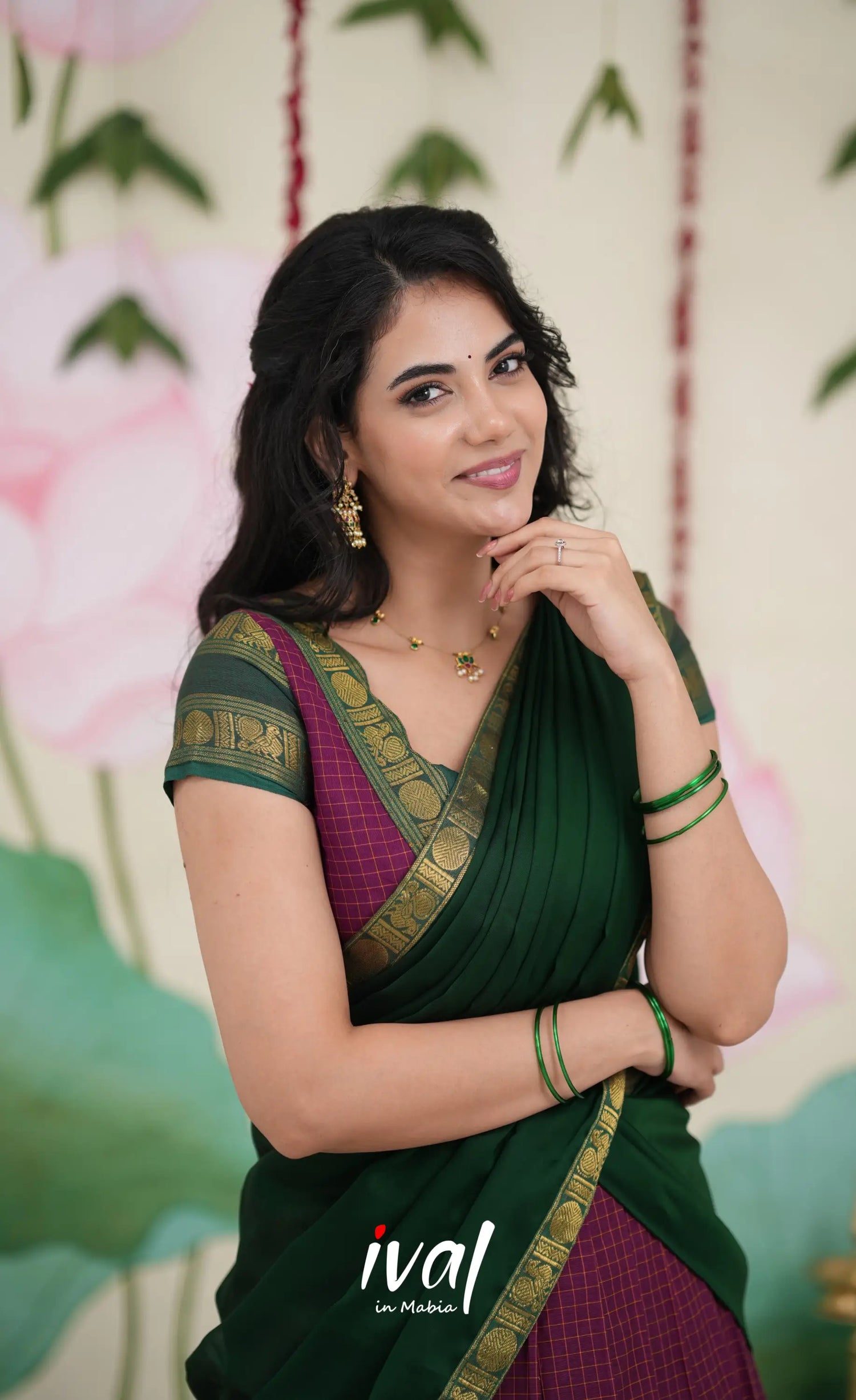 Padmaja Cotton Half Saree - Dark Magenta and Bottle Green Half Sarees