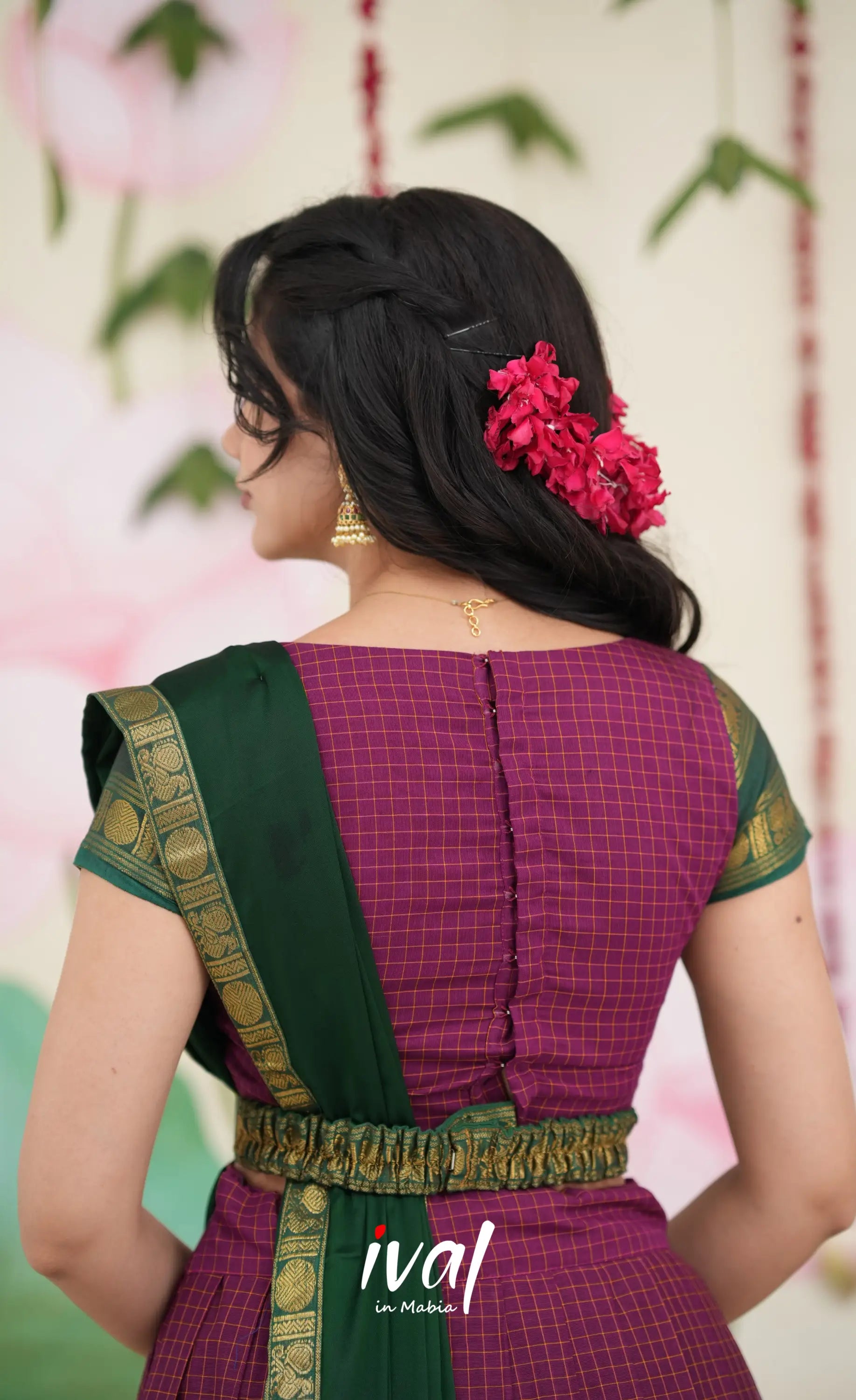 Padmaja Cotton Half Saree - Dark Magenta and Bottle Green Half Sarees