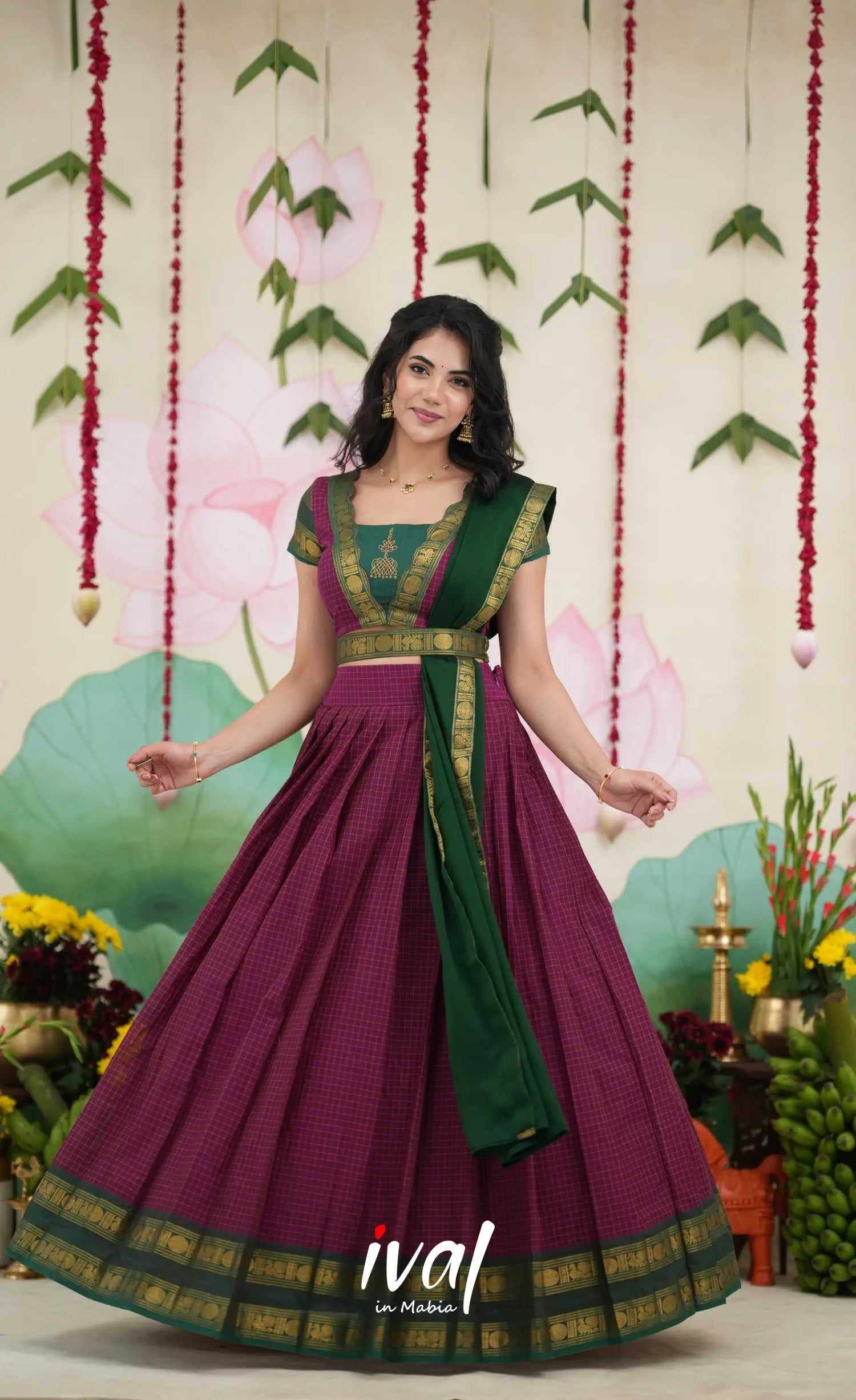 Padmaja Cotton Half Saree - Dark Magenta and Bottle Green Half Sarees