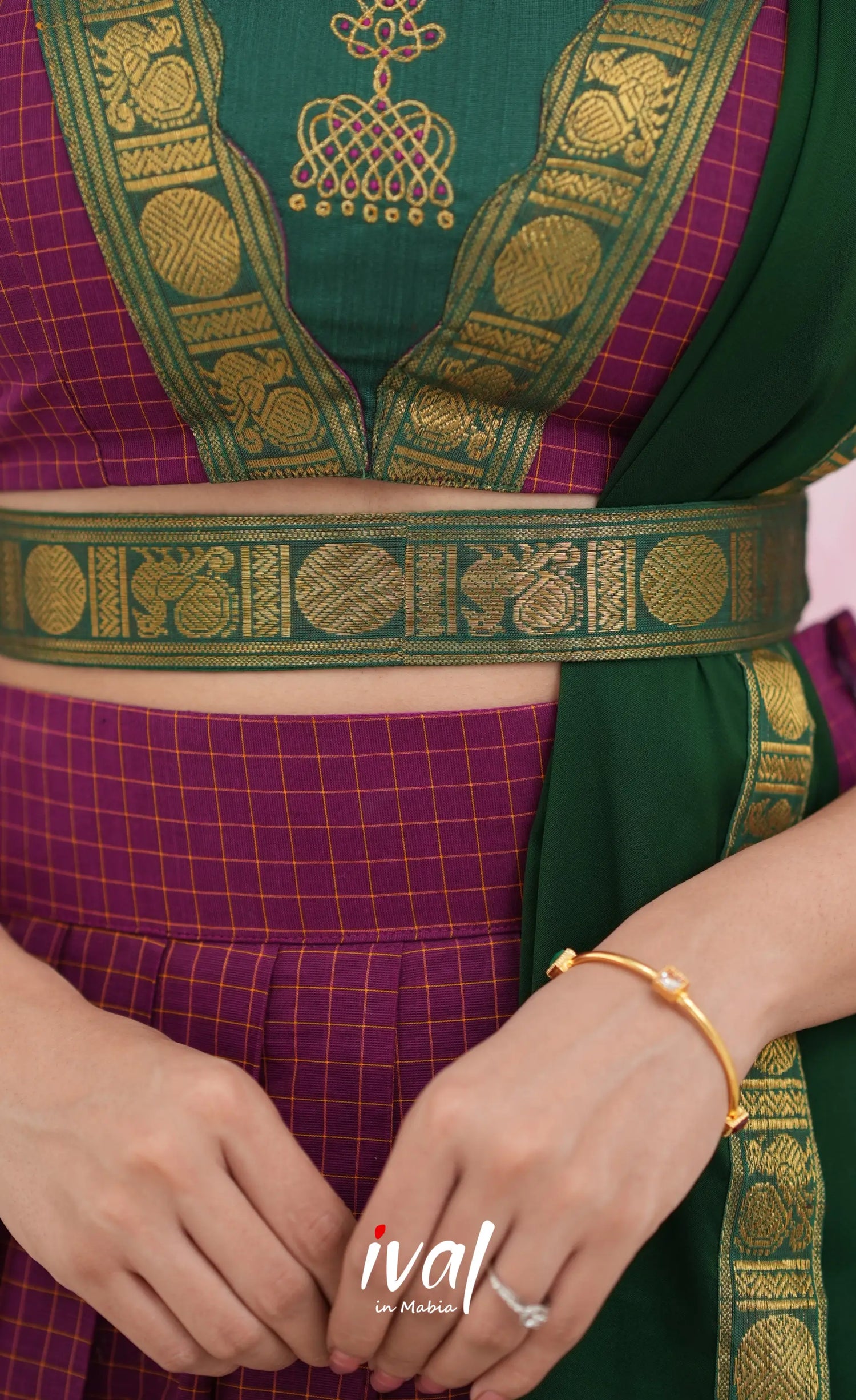 Padmaja Cotton Half Saree - Dark Magenta and Bottle Green Half Sarees