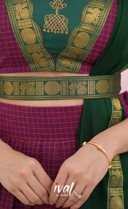 Padmaja Cotton Half Saree - Dark Magenta and Bottle Green Half Sarees