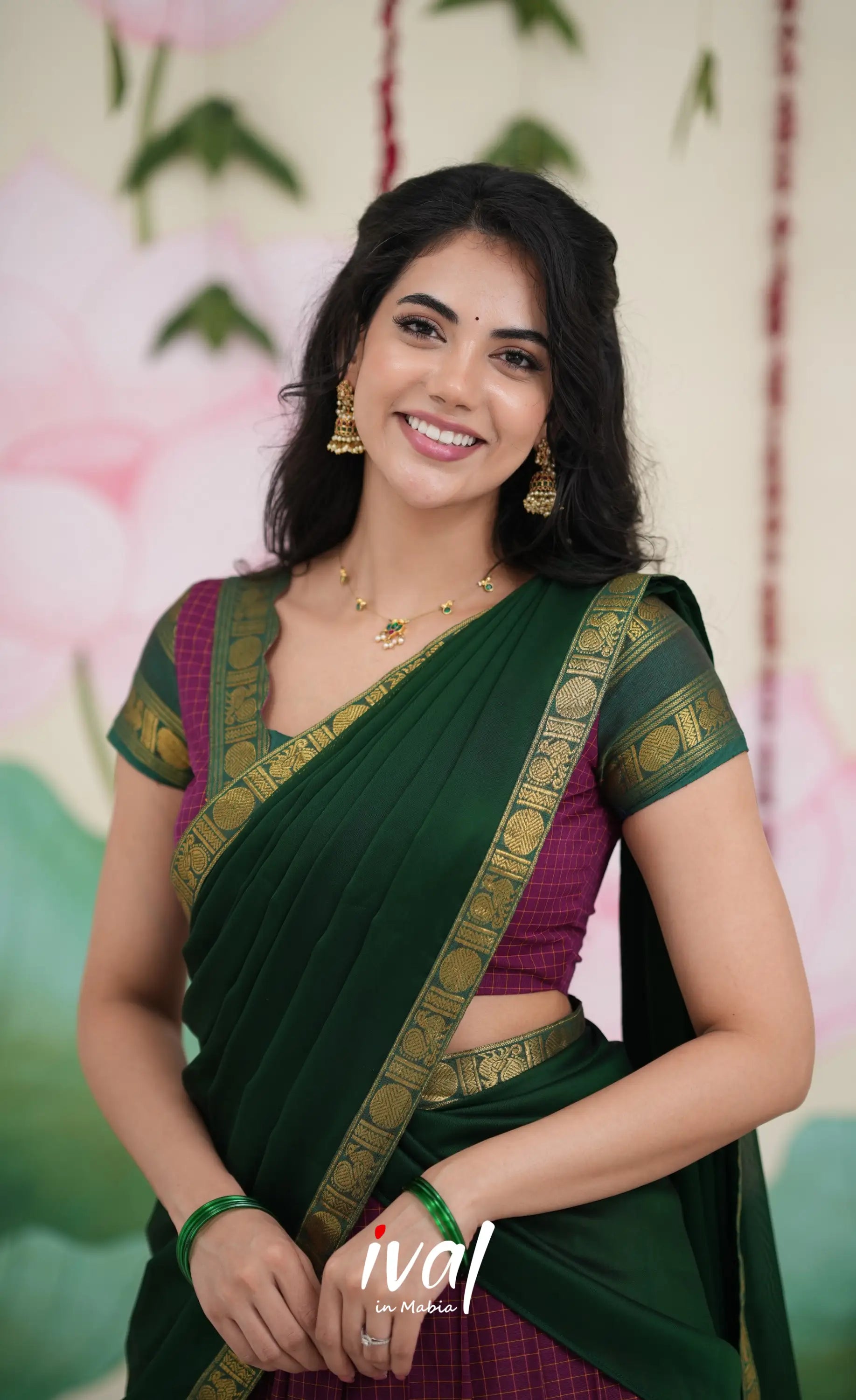 Padmaja Cotton Half Saree - Dark Magenta and Bottle Green Half Sarees