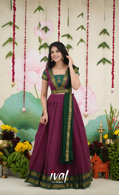 Padmaja Cotton Half Saree - Dark Magenta and Bottle Green Half Sarees