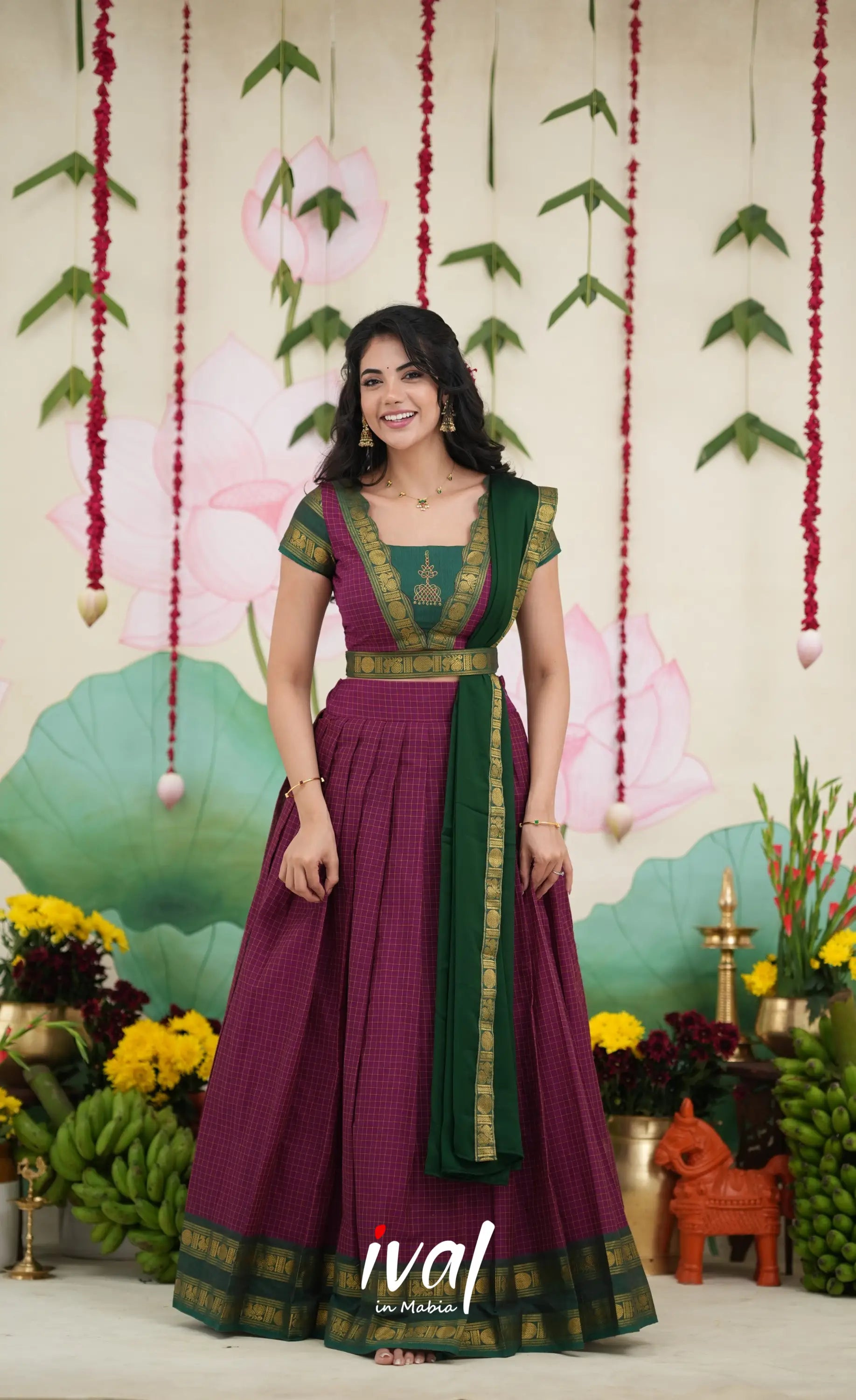 Padmaja Cotton Half Saree - Dark Magenta and Bottle Green Half Sarees