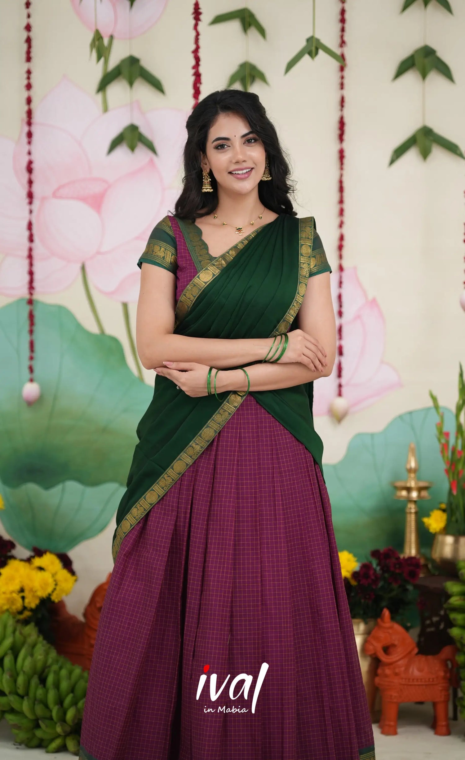 Padmaja Cotton Half Saree - Dark Magenta and Bottle Green Half Sarees