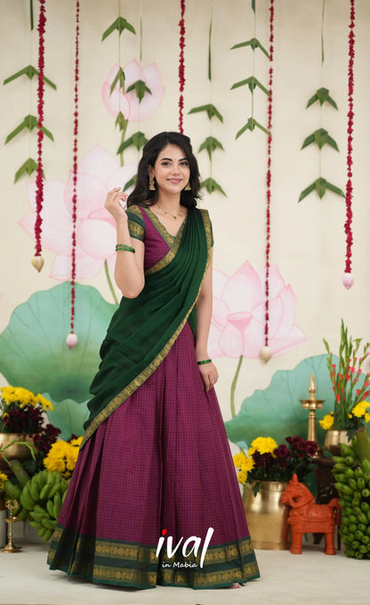 Padmaja Cotton Half Saree - Dark Magenta and Bottle Green Half Sarees