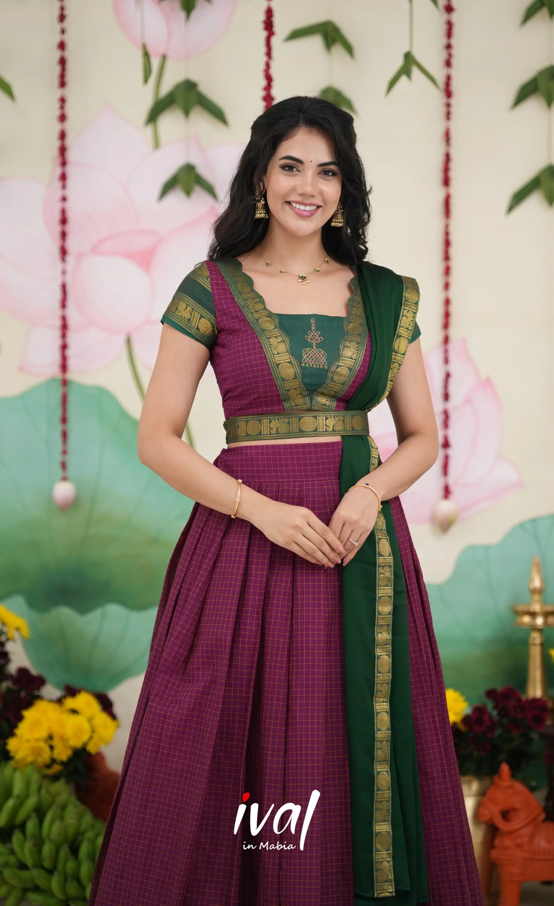 Padmaja Cotton Half Saree - Dark Magenta and Bottle Green Half Sarees