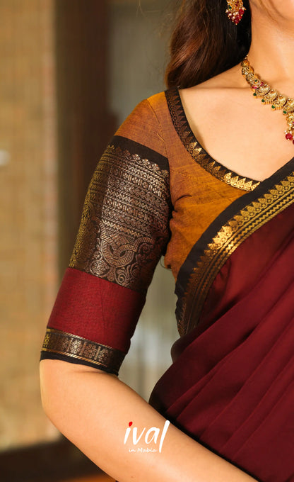 Padmaja Cotton Half Saree - Dark mustard and Deep Maroon - Half Sarees