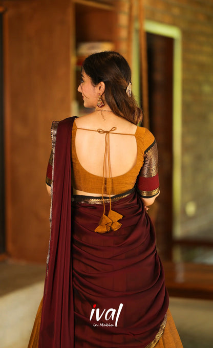 Padmaja Cotton Half Saree - Dark mustard and Deep Maroon - Half Sarees