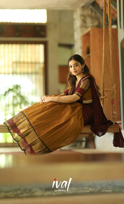 Padmaja Cotton Half Saree - Dark mustard and Deep Maroon - Half Sarees