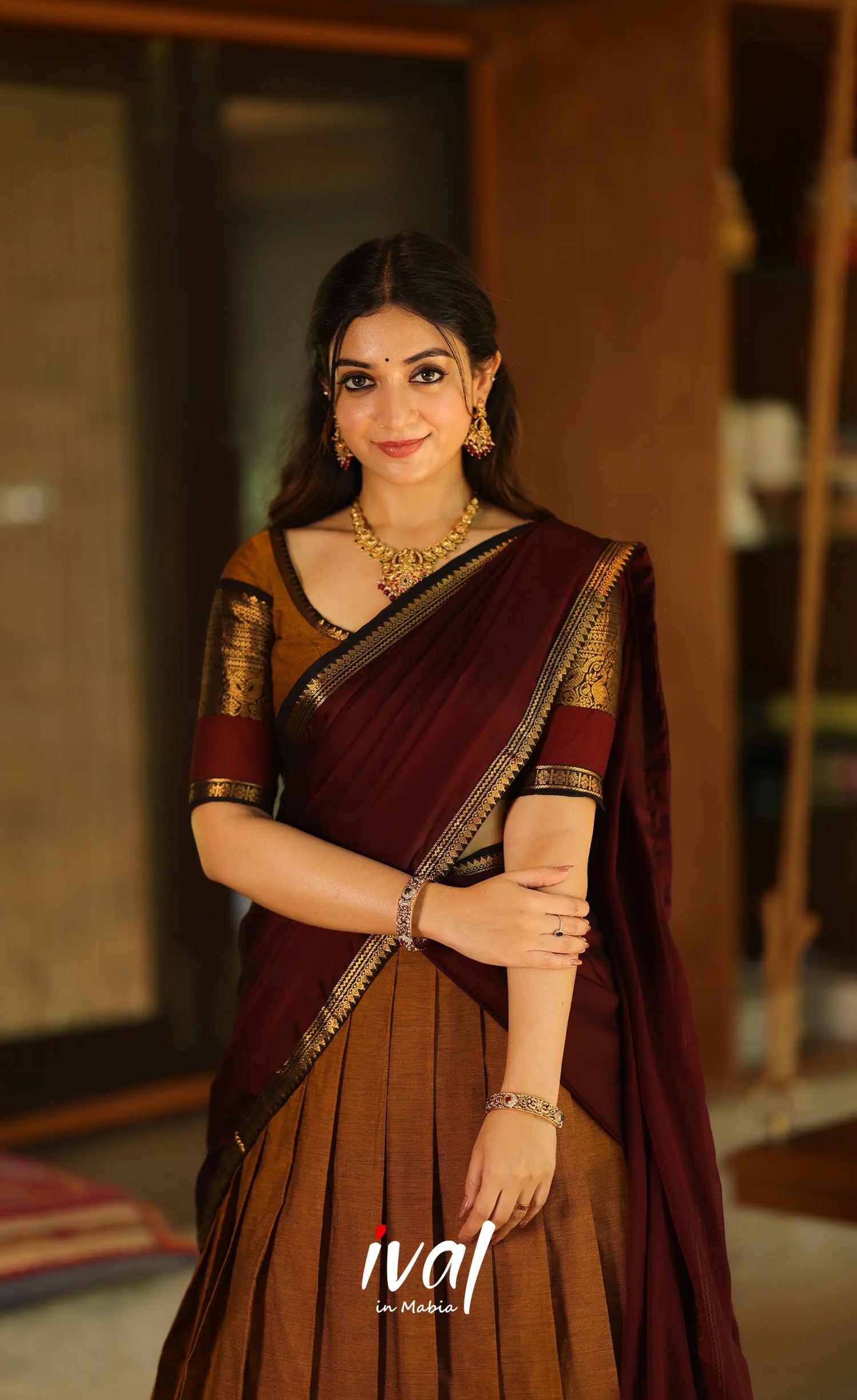 Padmaja Cotton Half Saree - Dark mustard and Deep Maroon - Half Sarees