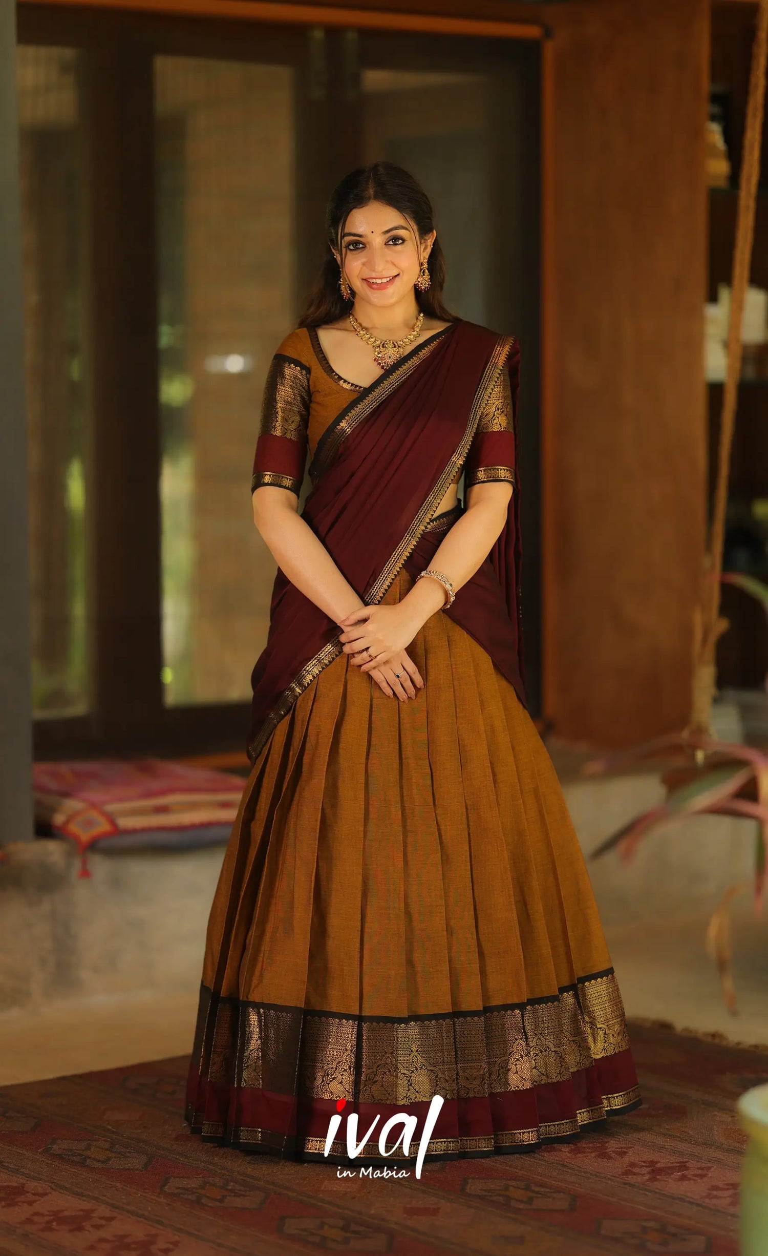 Padmaja Cotton Half Saree - Dark mustard and Deep Maroon - Half Sarees