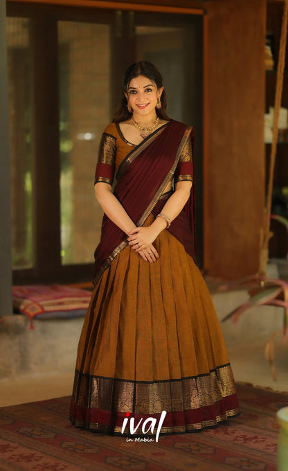 Padmaja Cotton Half Saree - Dark mustard and Deep Maroon - Half Sarees