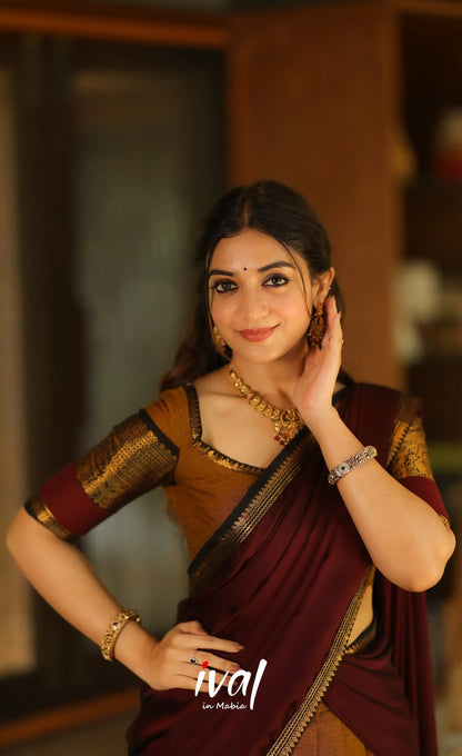Padmaja Cotton Half Saree - Dark mustard and Deep Maroon - Half Sarees