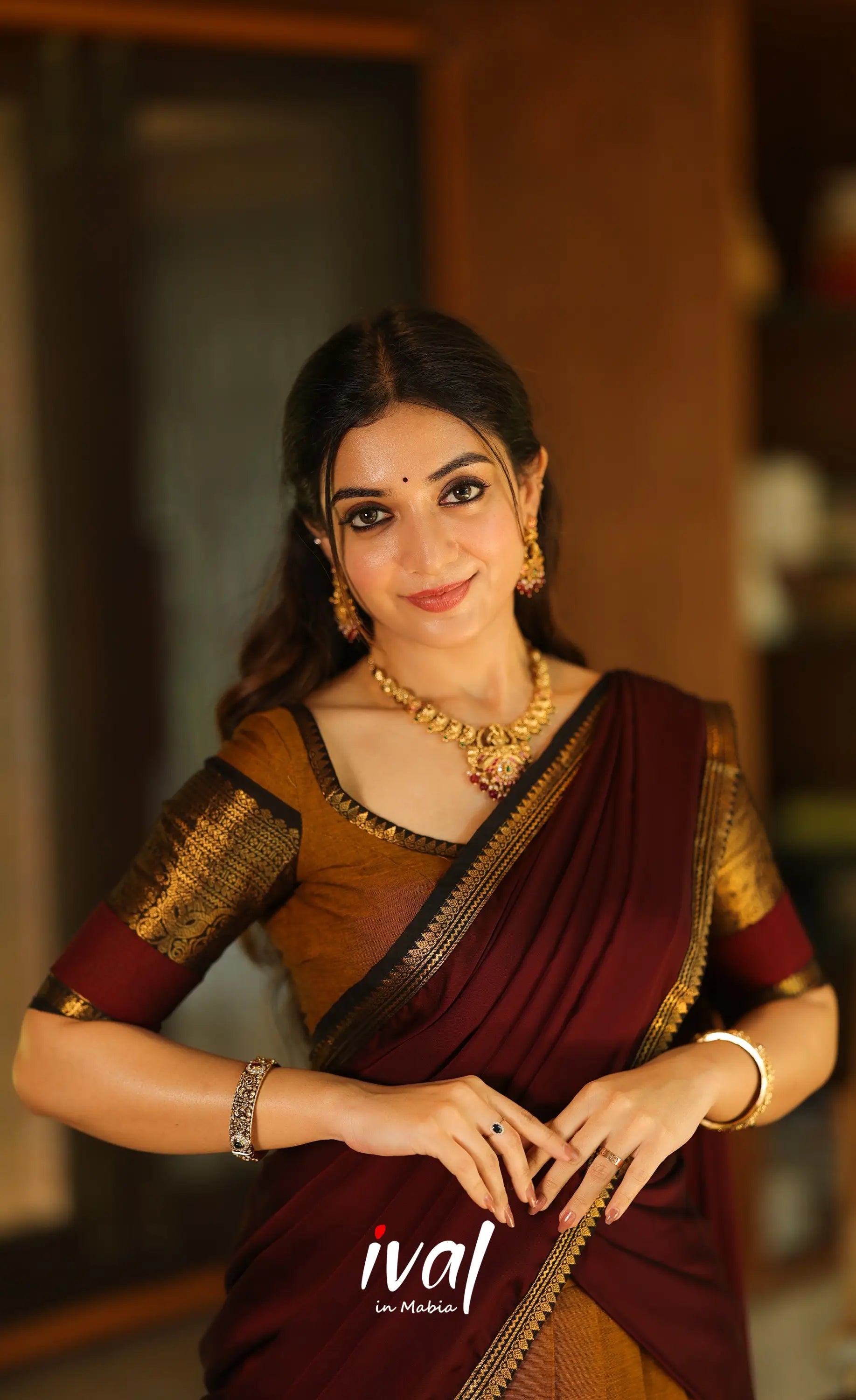 Padmaja Cotton Half Saree - Dark mustard and Deep Maroon - Half Sarees