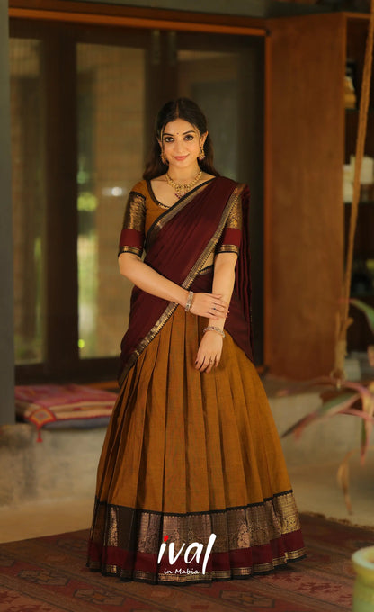 Padmaja Cotton Half Saree - Dark mustard and Deep Maroon - Half Sarees