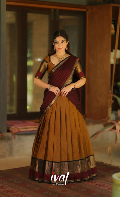 Padmaja Cotton Half Saree - Dark mustard and Deep Maroon - Half Sarees