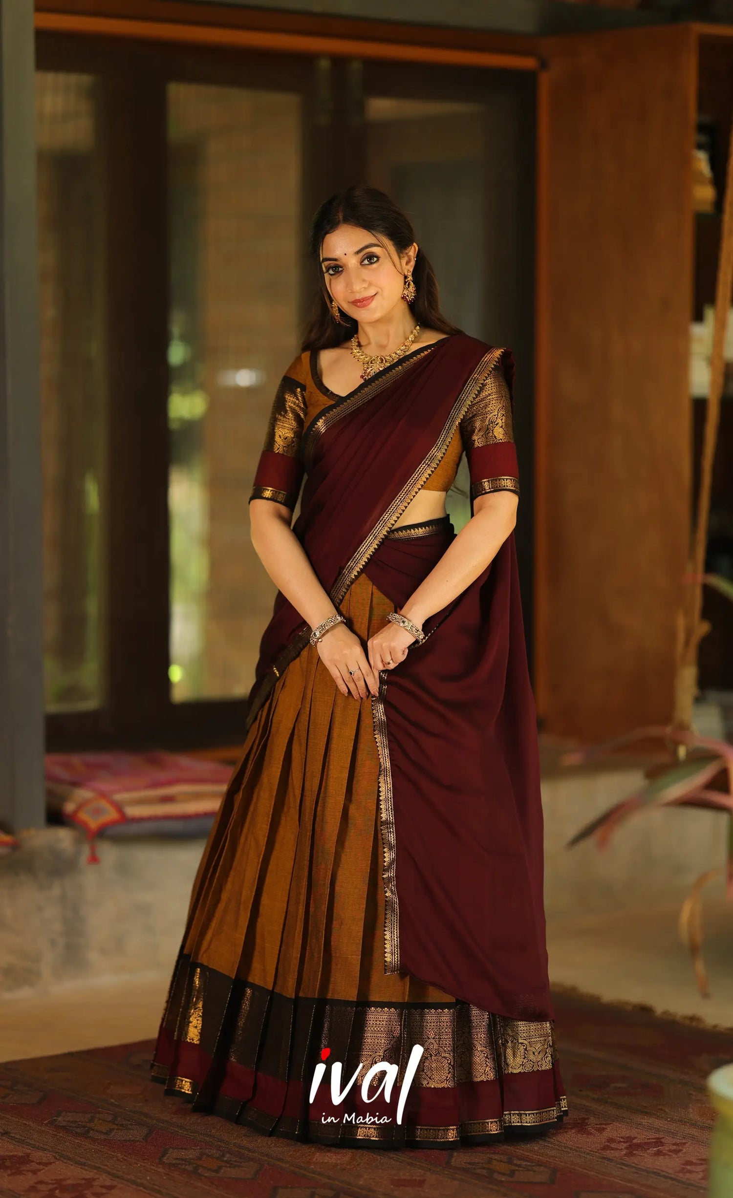 Padmaja Cotton Half Saree - Dark mustard and Deep Maroon - Half Sarees