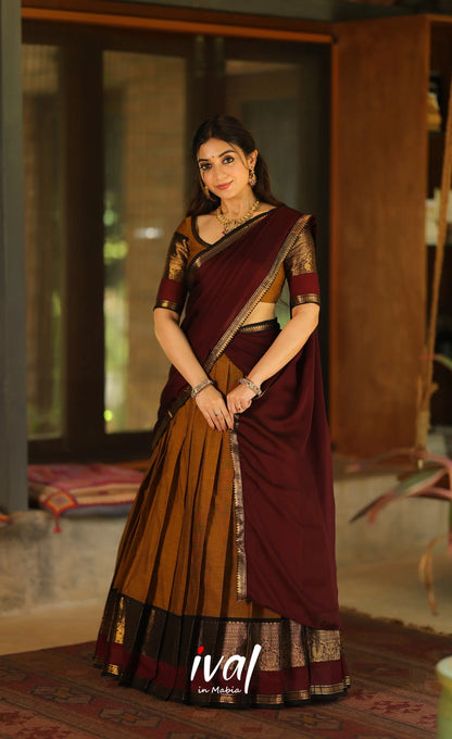 Padmaja Cotton Half Saree - Dark mustard and Deep Maroon - Half Sarees