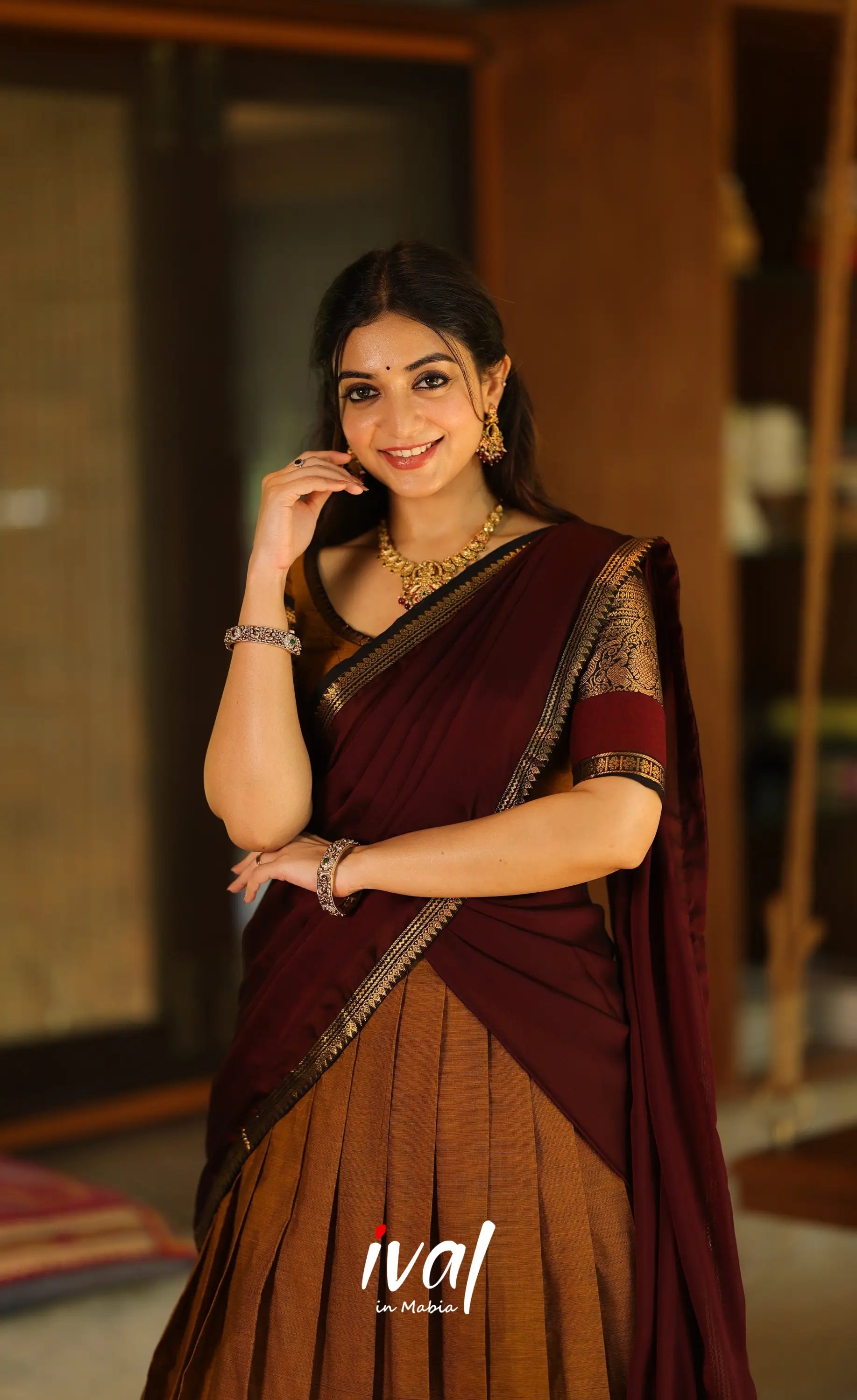 Padmaja Cotton Half Saree - Dark mustard and Deep Maroon - Half Sarees