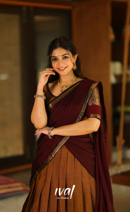 Padmaja Cotton Half Saree - Dark mustard and Deep Maroon - Half Sarees