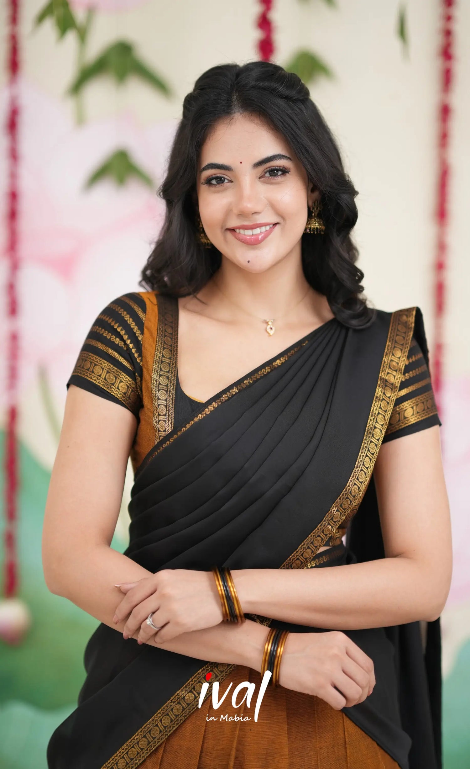 Padmaja Cotton Half Saree - Dark Mustardish Brown and Black Half Sarees