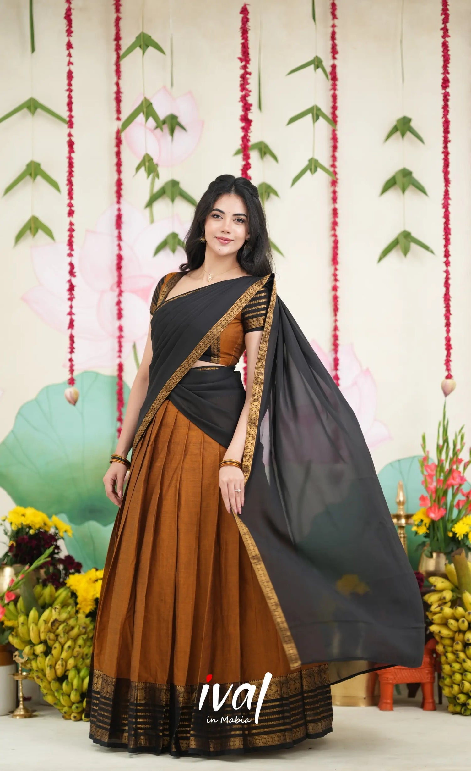 Padmaja Cotton Half Saree - Dark Mustardish Brown and Black Half Sarees